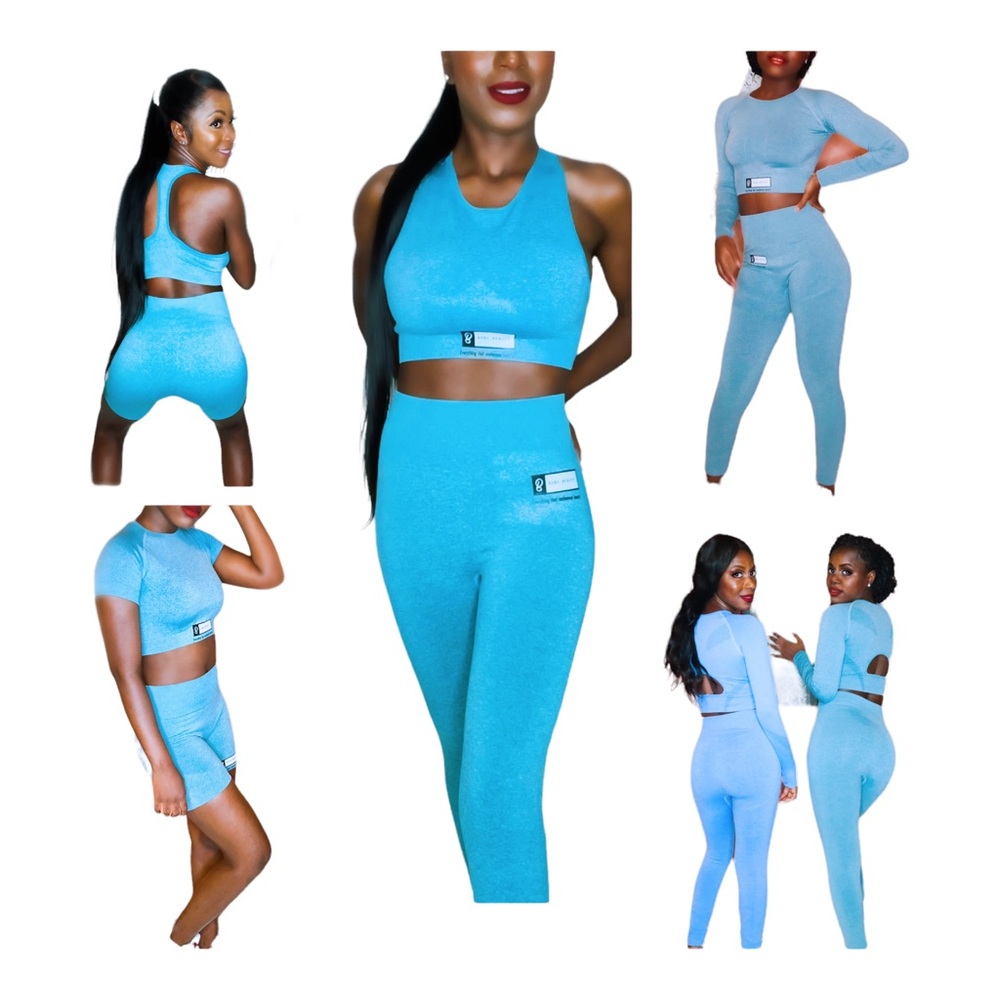 5 pcs set. 1 long tights, 1 shorts, 1 crop top, 1 sprts bra, and 1 long sleeve.